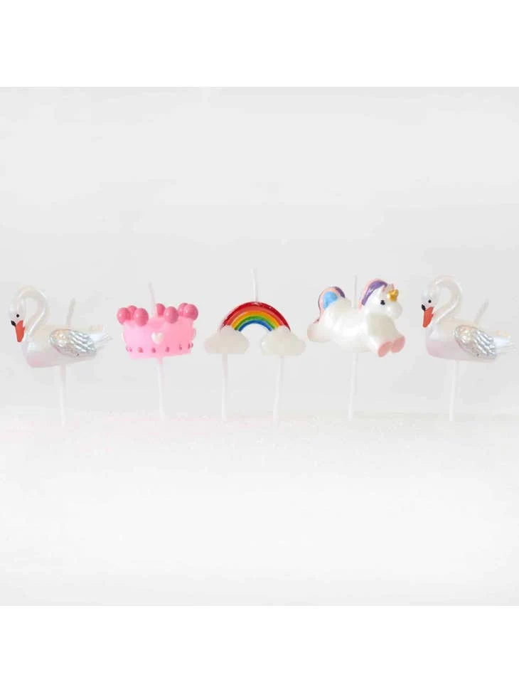 Smiling Faces - Märchenhafte Tortenkerzen - Cupcake Dekoration - Krone- Schwan- Regenbogen - Einhorn - 5 Stück