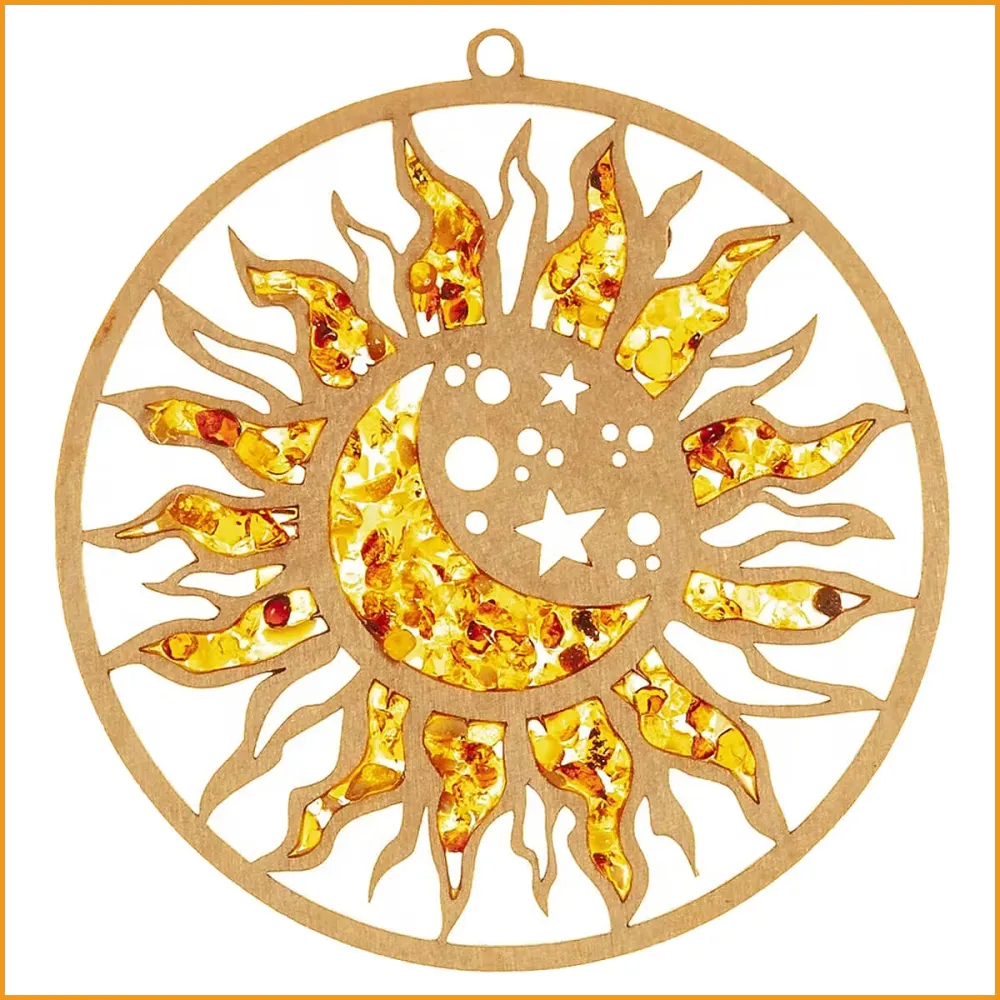 SONNE & MOND Wandbild - Sonnenfänger - Wanddekoration - Birkenholz & Bernstein - 12 cm