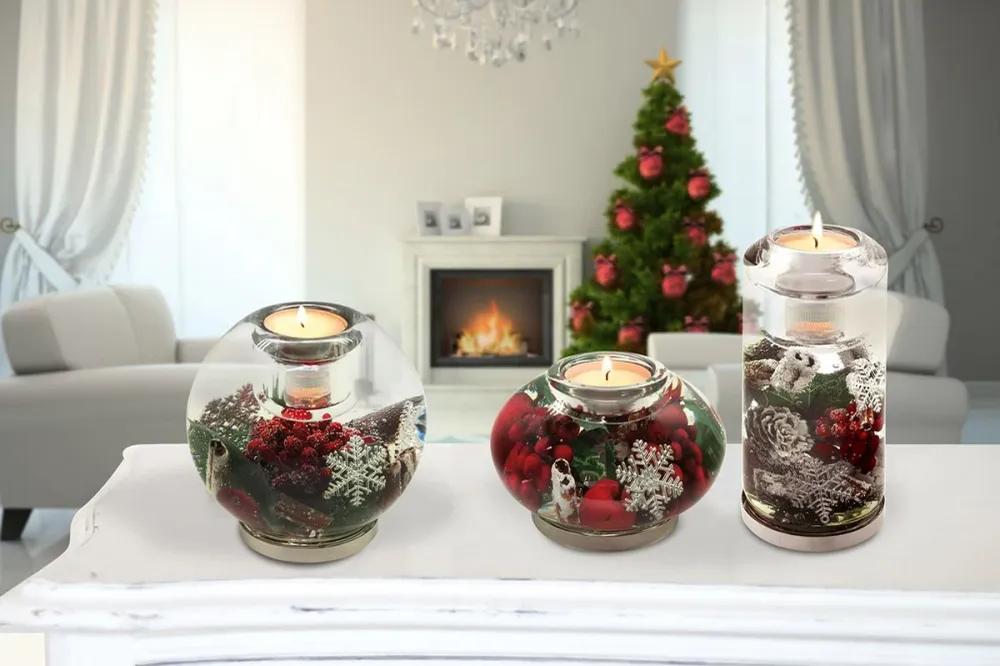 Teelichtleuchter LED Winterzauber Glas Braun Rot