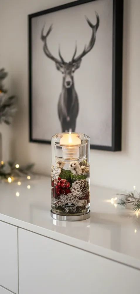 Teelichtleuchter LED Winterzauber Glas Braun Rot