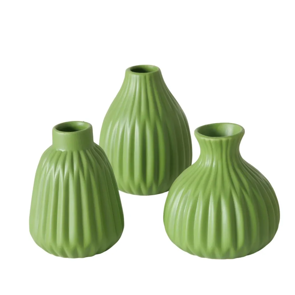 Vase Esko – 3er Set frischem Grün Keramik Matt Geriffelt