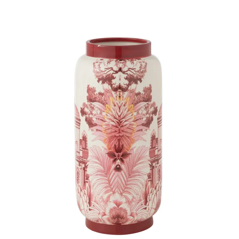 Vase Moriko Porzellan Rot-Weiß mit Naturmotiv