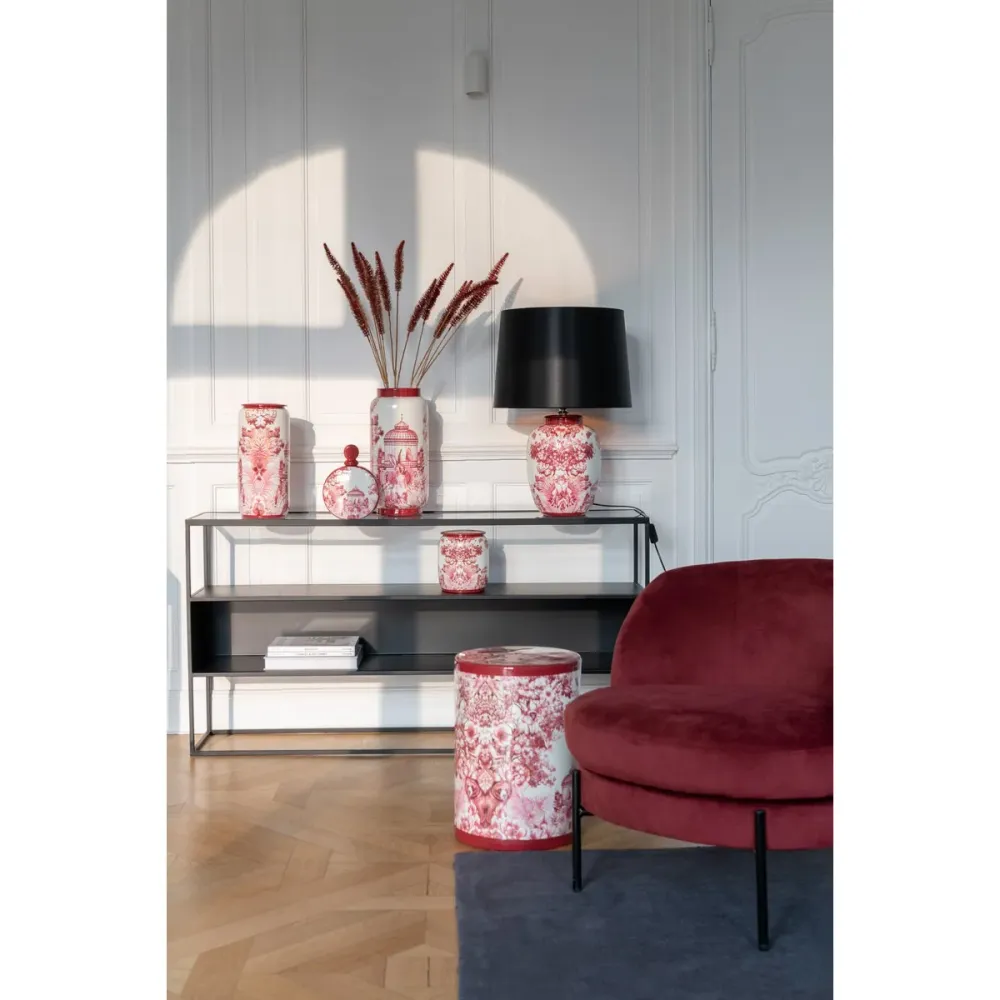 Vase Moriko Porzellan Rot-Weiß mit Naturmotiv