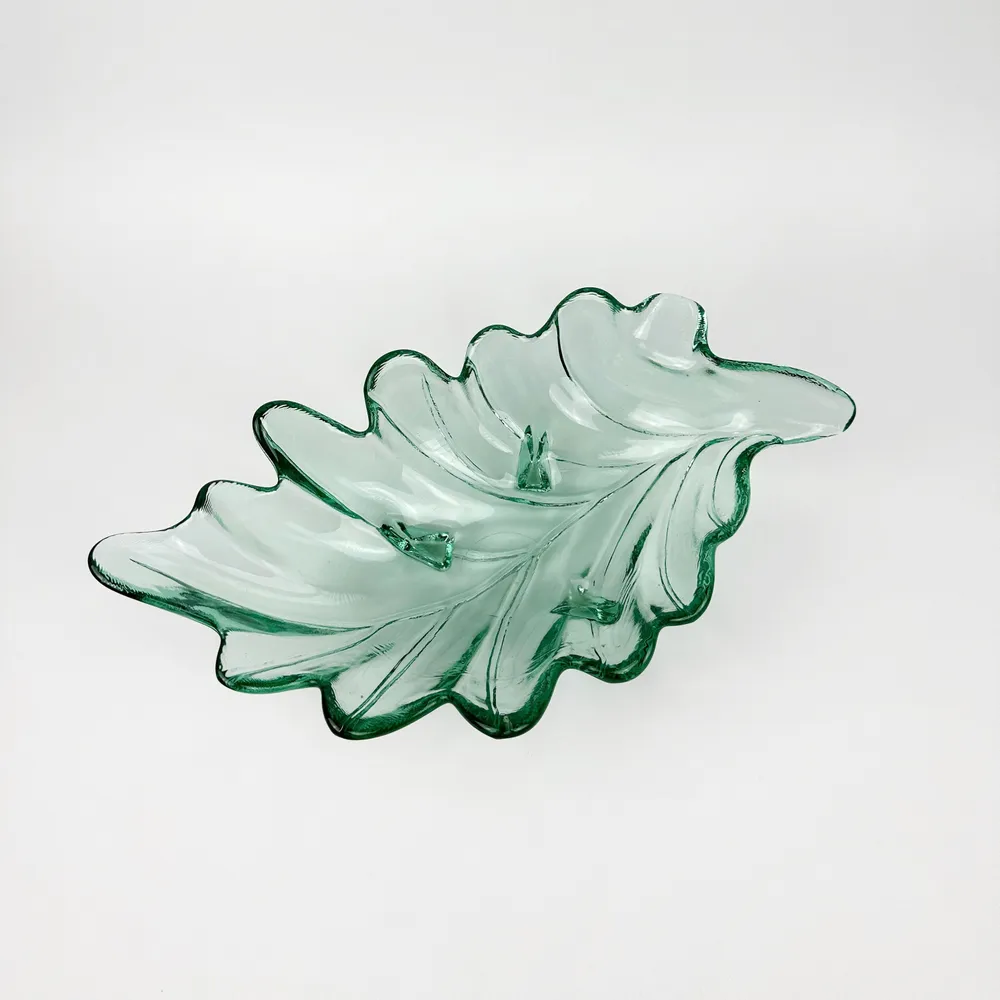 Vintage Fußschale Pressglas Grün Blatt Floral von Luminarc Arcoroc