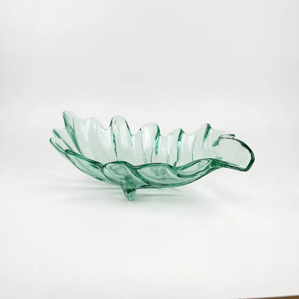 Vintage Fußschale Pressglas Grün Blatt Floral von Luminarc Arcoroc