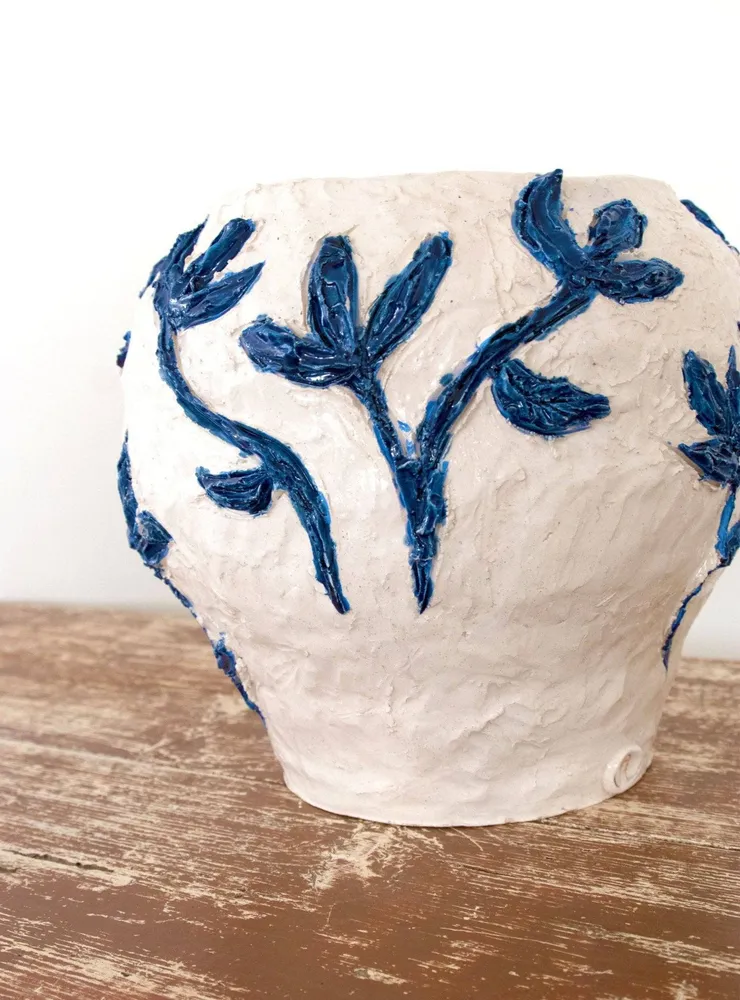 Vintage Vase Vaso da Fiori weiß mit blauen Blumendekorationen