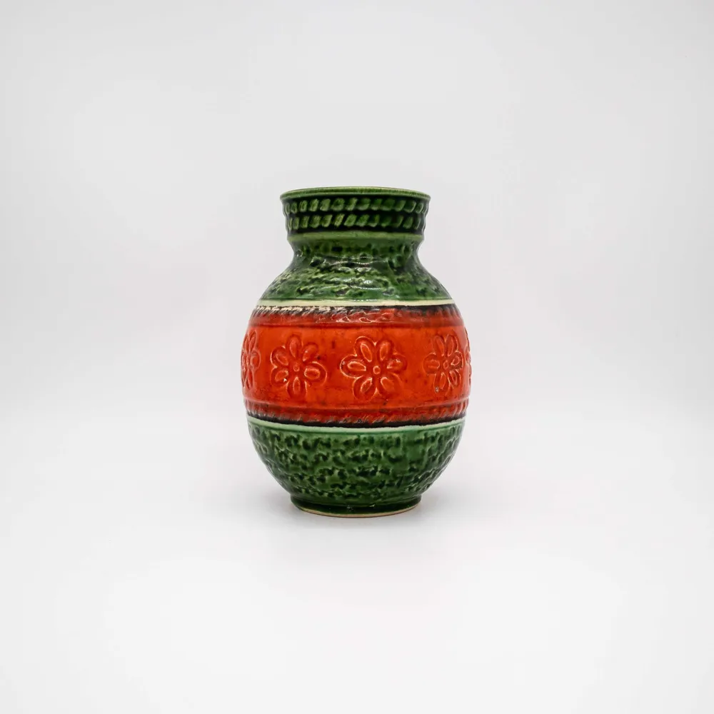 Vintage Vase von Bay grün-orange mit Blümchenband