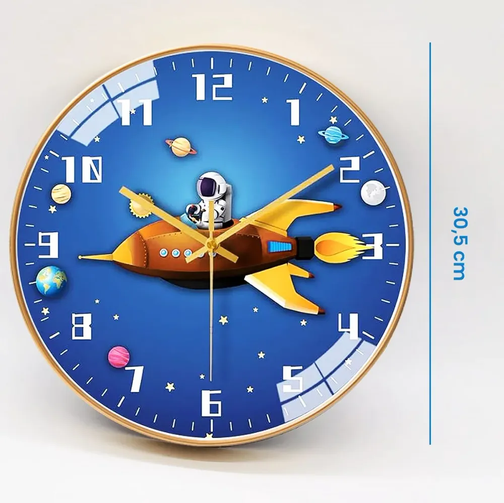 Wanduhr für Kinder - Lautlose Uhr - 30,5 cm - Rakete