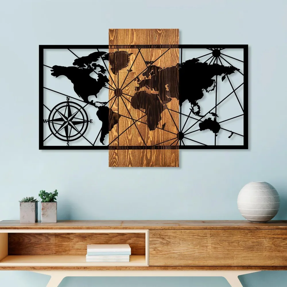 World Map 3 Wanddeko - Walnuss Schwarz