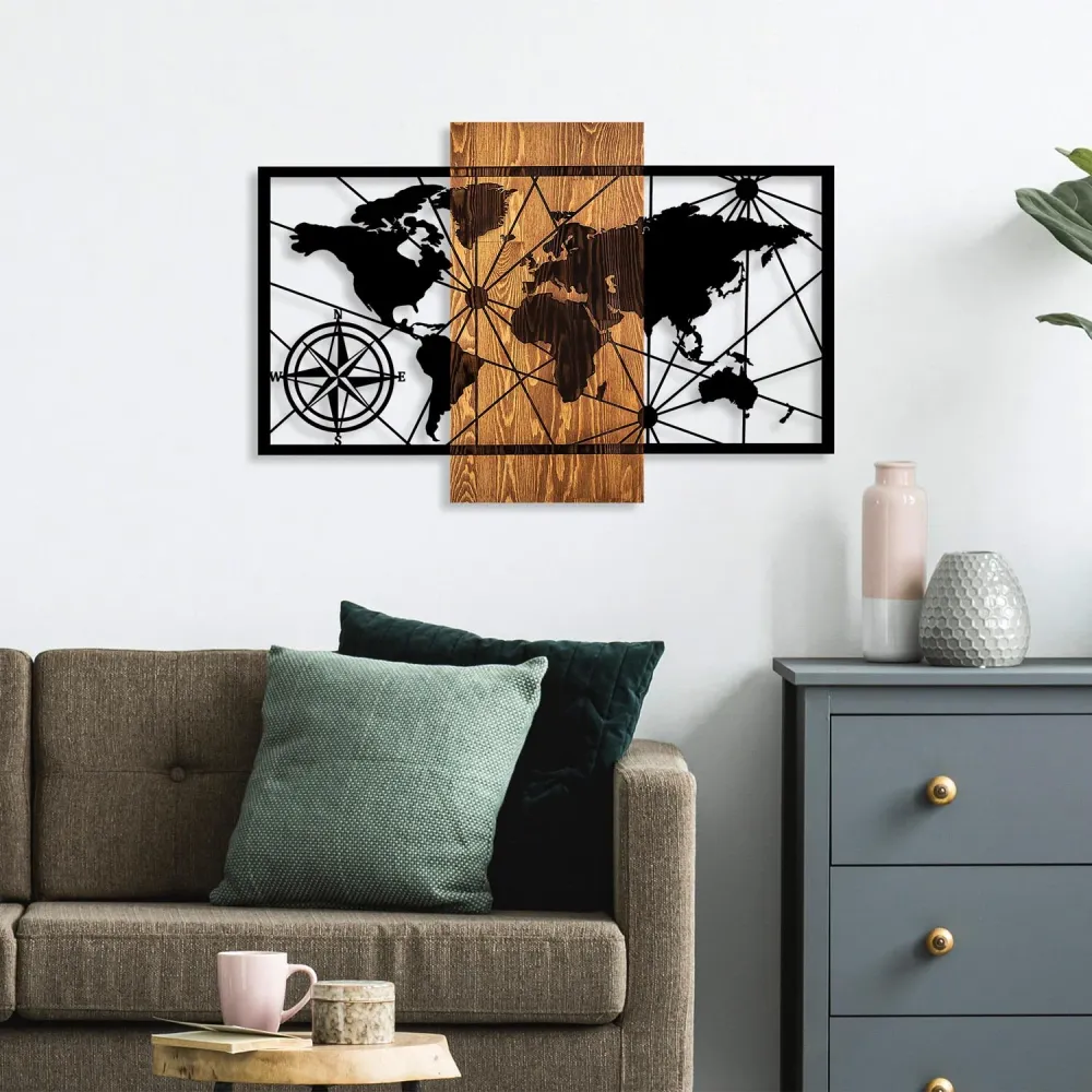 World Map 3 Wanddeko - Walnuss Schwarz