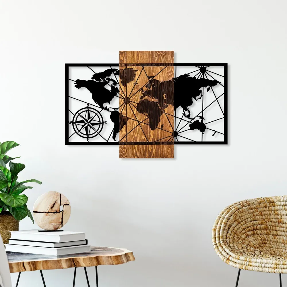 World Map 3 Wanddeko - Walnuss Schwarz