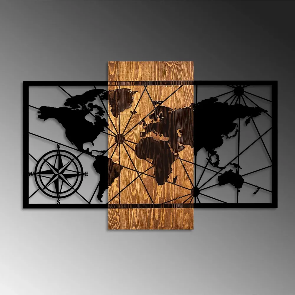 World Map 3 Wanddeko - Walnuss Schwarz