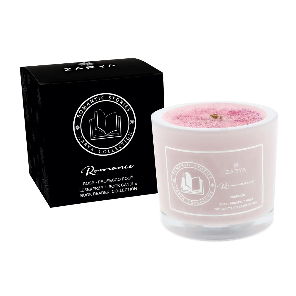 Zarya Book Reader Duftkerze "Romance" – Handgefertigte Lesekerze mit Rose & Prosecco Rosé