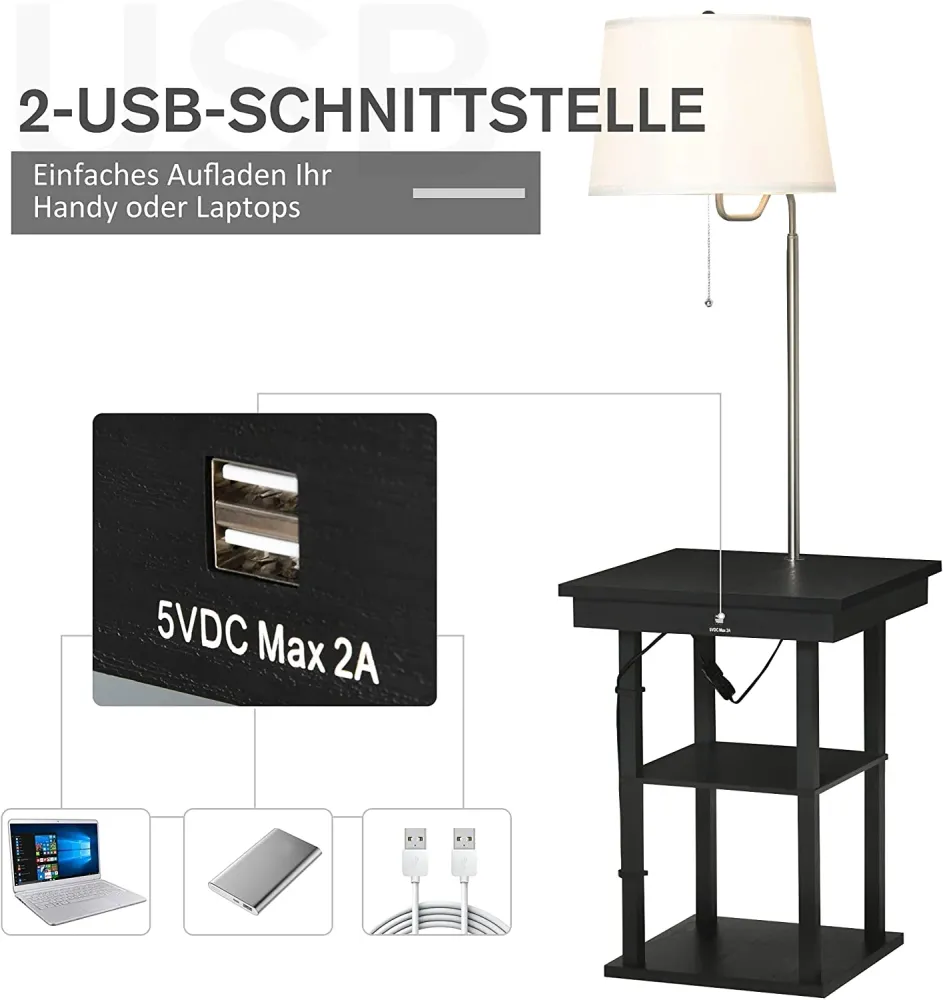 2--1 Stehleuchte Stehlampe Beistelltisch mit 3 Regalen Innenbeleuchtung E27 bis 40W für Wohn-/Schlafzimmer Schwarz+Weiß 44...
