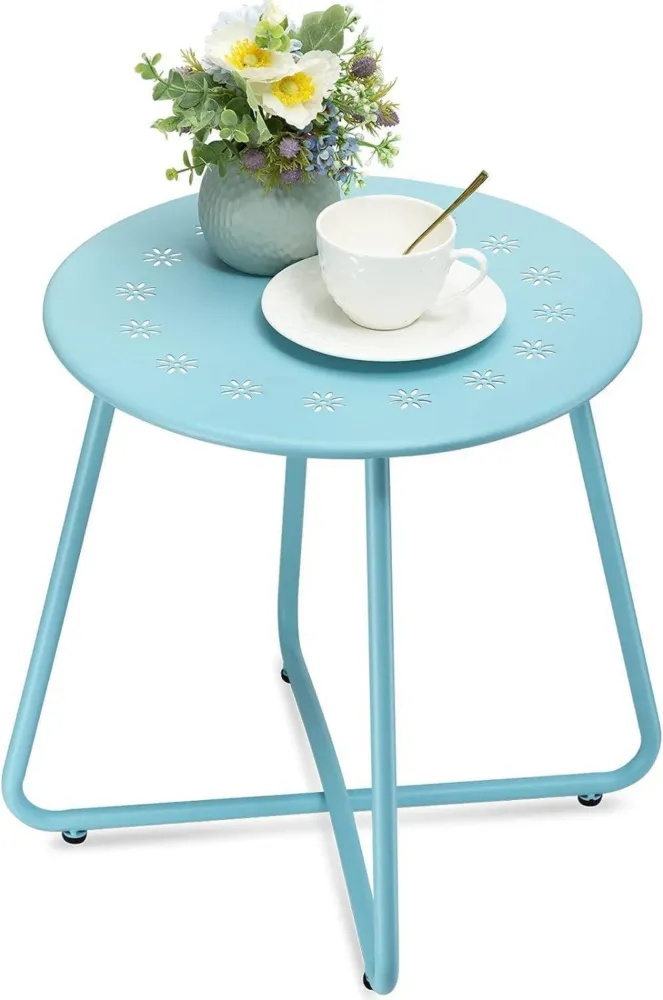 Blauer Outdoor Metall-Beistelltisch mit Blumenausschnitten