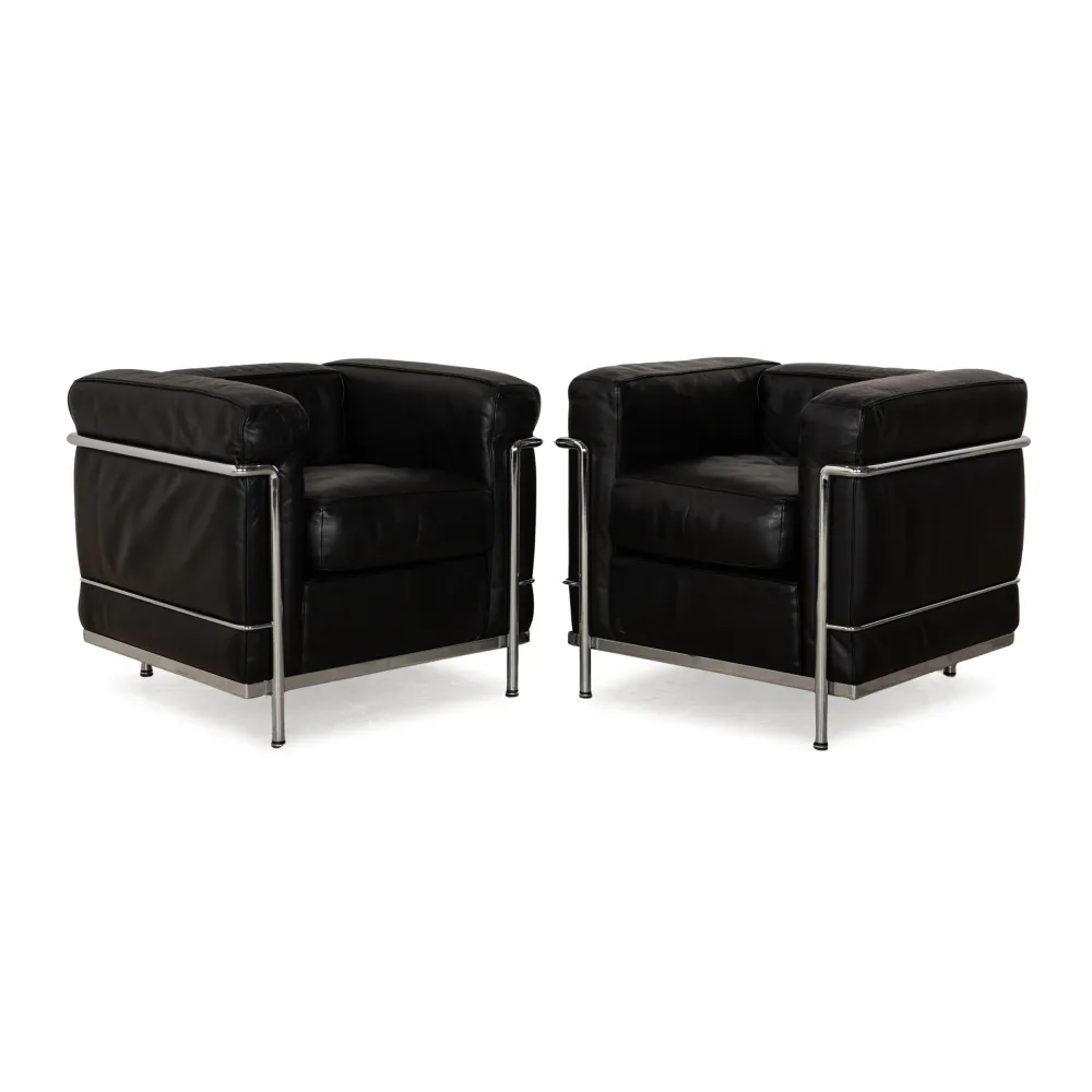 Cassina Le Corbusier LC 2 Leder Sessel Garnitur Schwarz