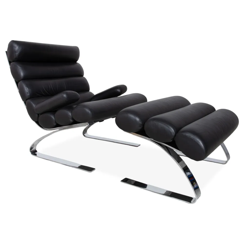 Cor Sinus Leder Chrom Sessel Schwarz inkl. Hocker Freischwinger