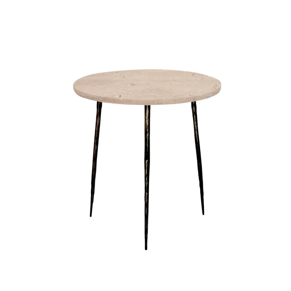 Eleganter Beistelltisch - Weißer Travertin - Mattschwarze Beine H40