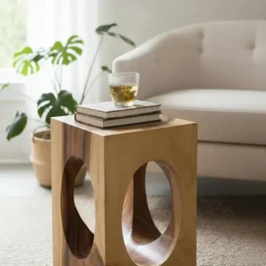 Holz Beistelltisch – Couchtisch Blumenhocker Hocker - Handgefertigt – Eckig mit O-Ausschnitt Suarholz - 45x30x30 cm