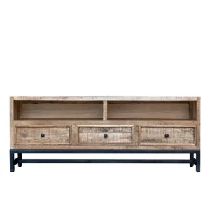 TV Möbel Mangoholz mit 2 offenen Fächern und 3 Schubladen 150 x 45 x 55 cm