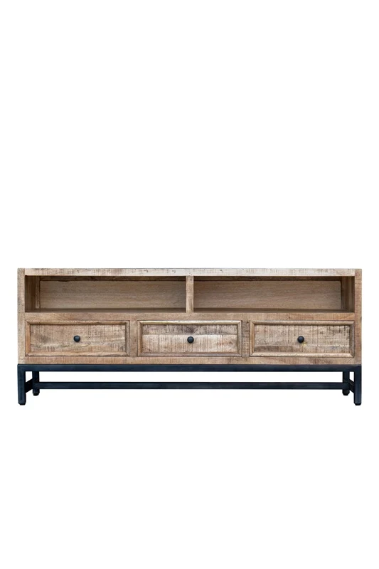 TV Möbel Mangoholz mit 2 offenen Fächern und 3 Schubladen 150 x 45 x 55 cm