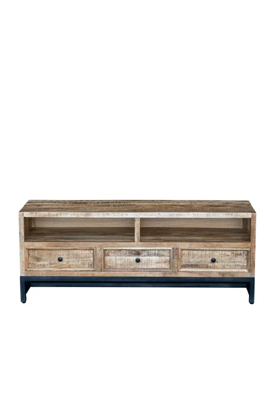 TV Möbel Mangoholz mit 2 offenen Fächern und 3 Schubladen 150 x 45 x 55 cm