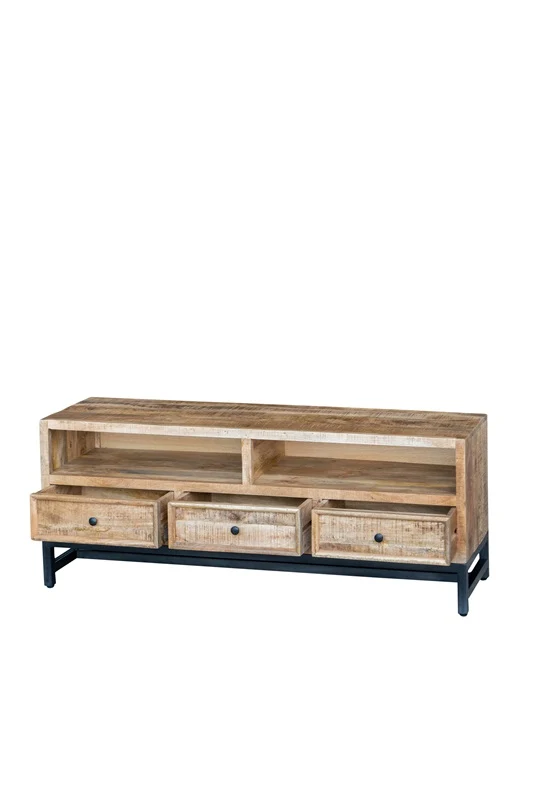 TV Möbel Mangoholz mit 2 offenen Fächern und 3 Schubladen 150 x 45 x 55 cm