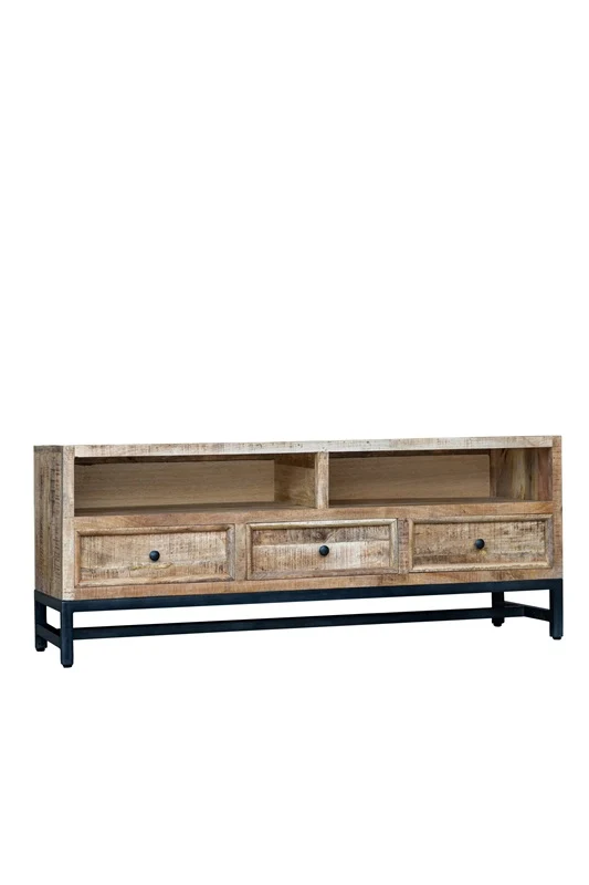 TV Möbel Mangoholz mit 2 offenen Fächern und 3 Schubladen 150 x 45 x 55 cm