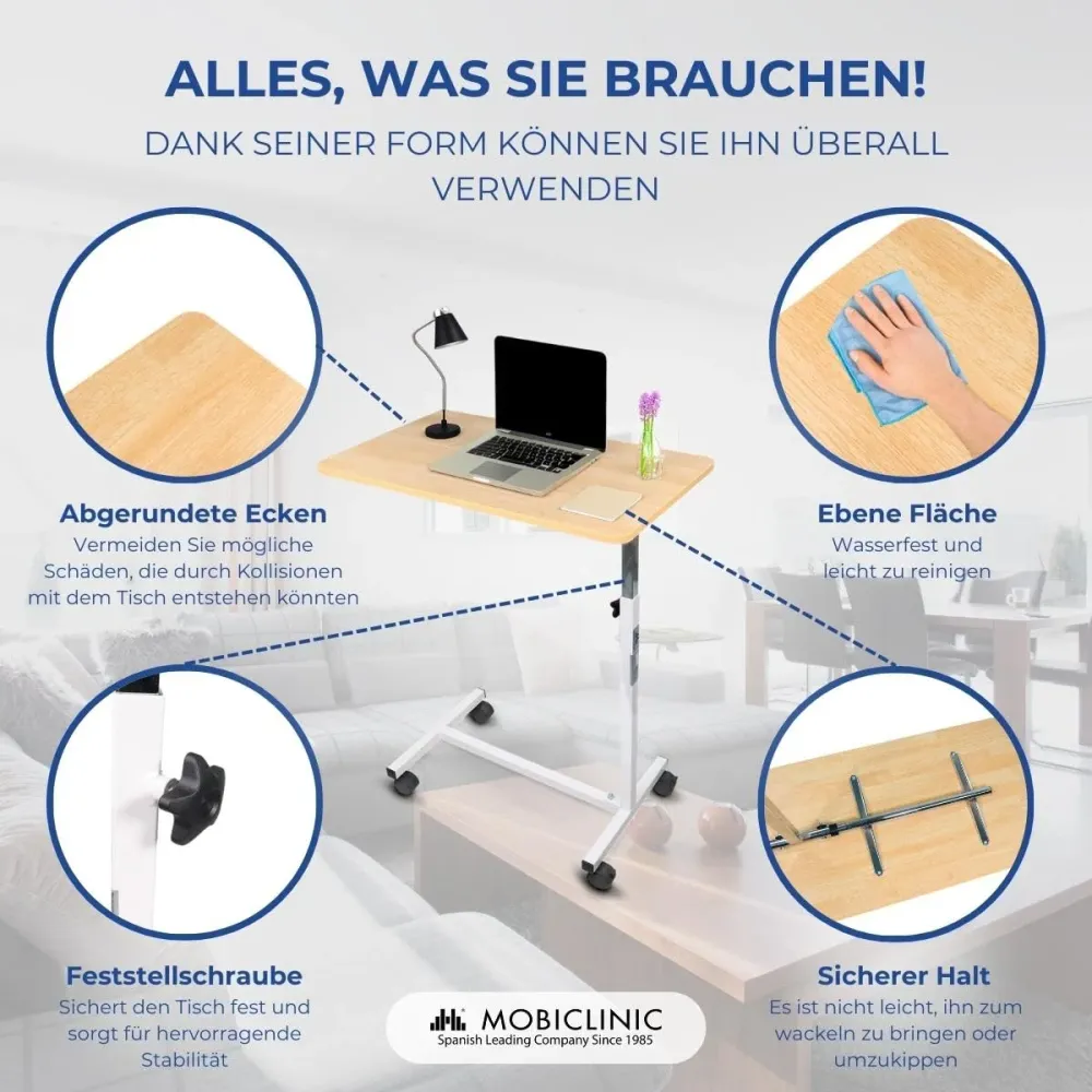 Mobiclinic, Bett- oder Sofa beistelltisch für Erwachsene und behinderte, Mit rädern, Leicht, Tragbar, Höhenverstellbar, Ei...