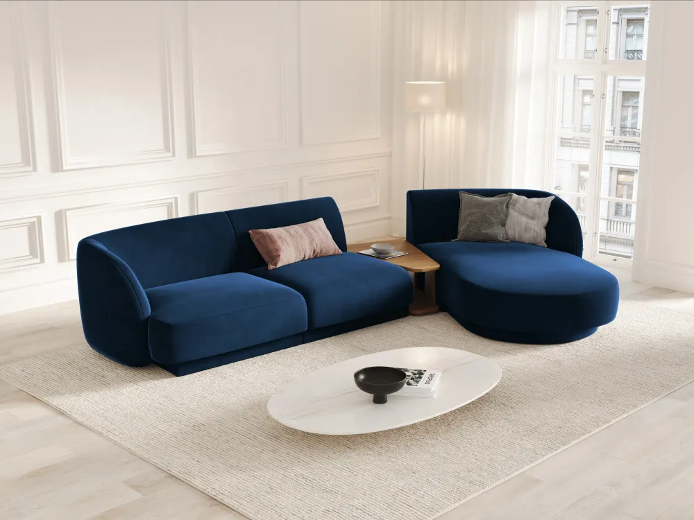 Modulares Ecksofa mit Tisch, 3-Sitzer, linksseitig, MILEY, dunkelblau Boucle