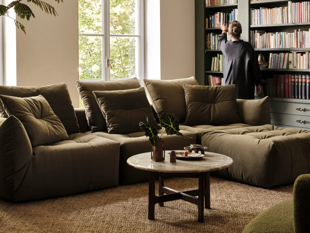 Modulares Samtsofa für 3 Personen rechtsseitig BLOOM hellbraun