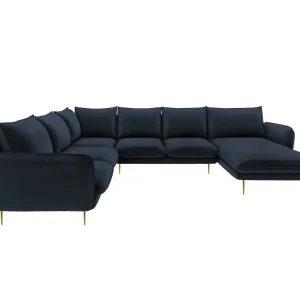 Panoramischer Samt-Ecksofa linksseitig für 7 Personen VIENNA dunkelblau mit goldenem Fuß