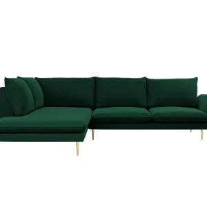 Samt-Ecksofa linksseitig für 5 Personen VIENNA Flaschengrün mit goldener Basis
