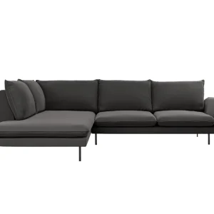 Samt-Ecksofa für 6 Personen, linksseitig, VIENNA, dunkelgrau mit schwarzem Fuß