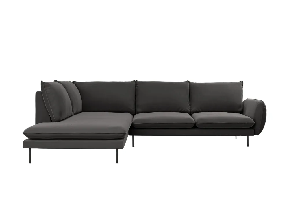 Samt-Ecksofa für 6 Personen, linksseitig, VIENNA, dunkelgrau mit schwarzem Fuß
