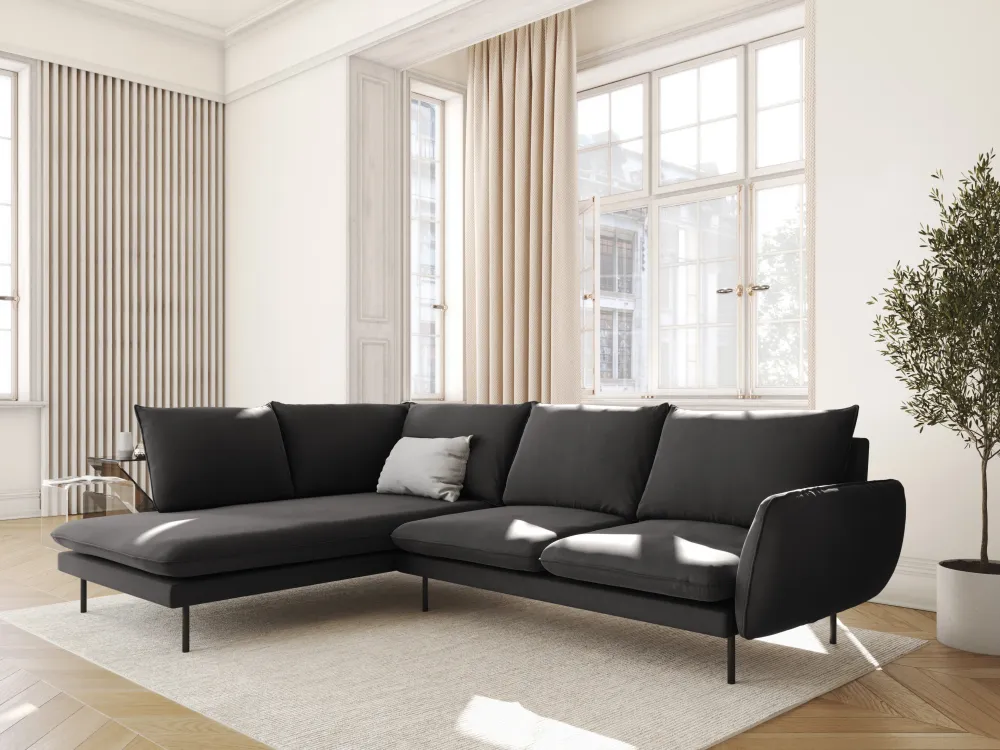 Samt-Ecksofa für 6 Personen, linksseitig, VIENNA, dunkelgrau mit schwarzem Fuß