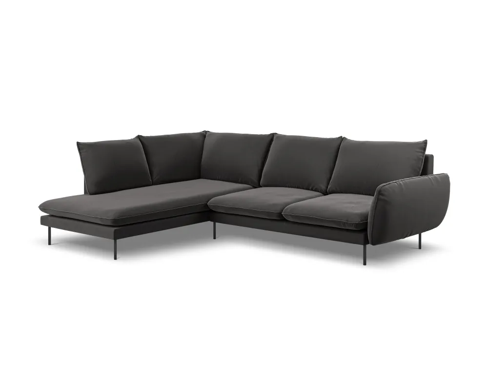 Samt-Ecksofa für 6 Personen, linksseitig, VIENNA, dunkelgrau mit schwarzem Fuß
