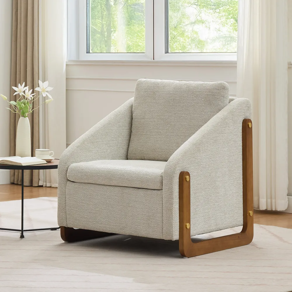 Sessel, Akzentstuhl für Wohnzimmer, Loungesessel, moderner Stuhl mit Armlehne aus Holz, mit Rückenkissen, beiger