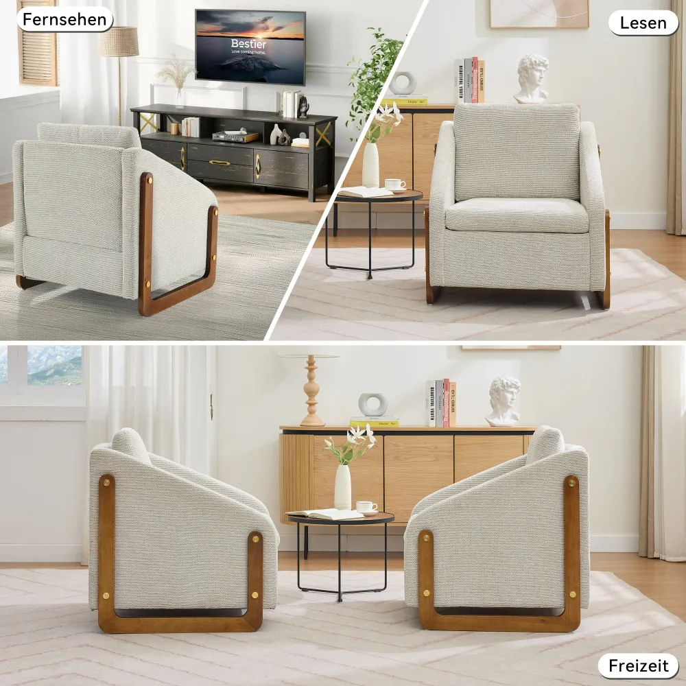 Sessel, Akzentstuhl für Wohnzimmer, Loungesessel, moderner Stuhl mit Armlehne aus Holz, mit Rückenkissen, beiger