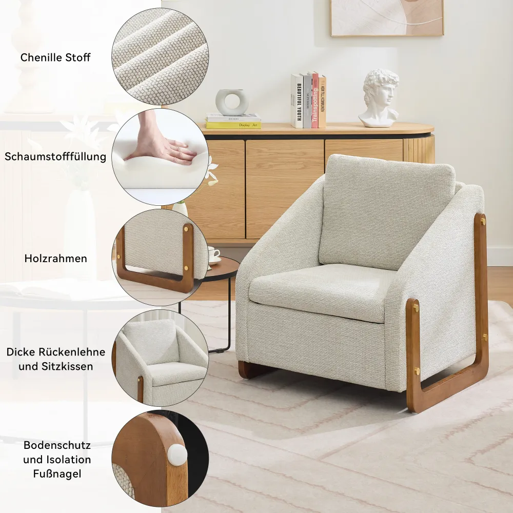 Sessel, Akzentstuhl für Wohnzimmer, Loungesessel, moderner Stuhl mit Armlehne aus Holz, mit Rückenkissen, beiger