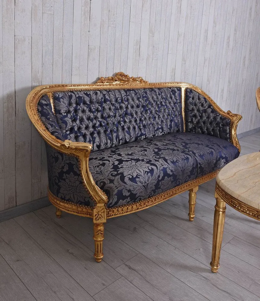 Sitzgarnitur 4-teilig Sitzgruppe Barock Sofa 2 Sessel Couchtisch Marmortisch