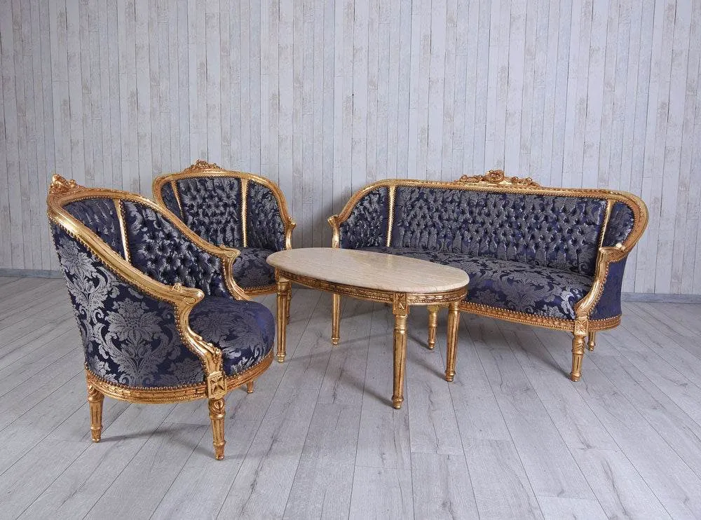 Sitzgarnitur 4-teilig Sitzgruppe Barock Sofa 2 Sessel Couchtisch Marmortisch