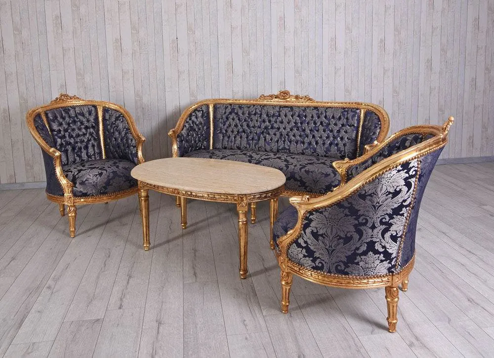 Sitzgarnitur 4-teilig Sitzgruppe Barock Sofa 2 Sessel Couchtisch Marmortisch