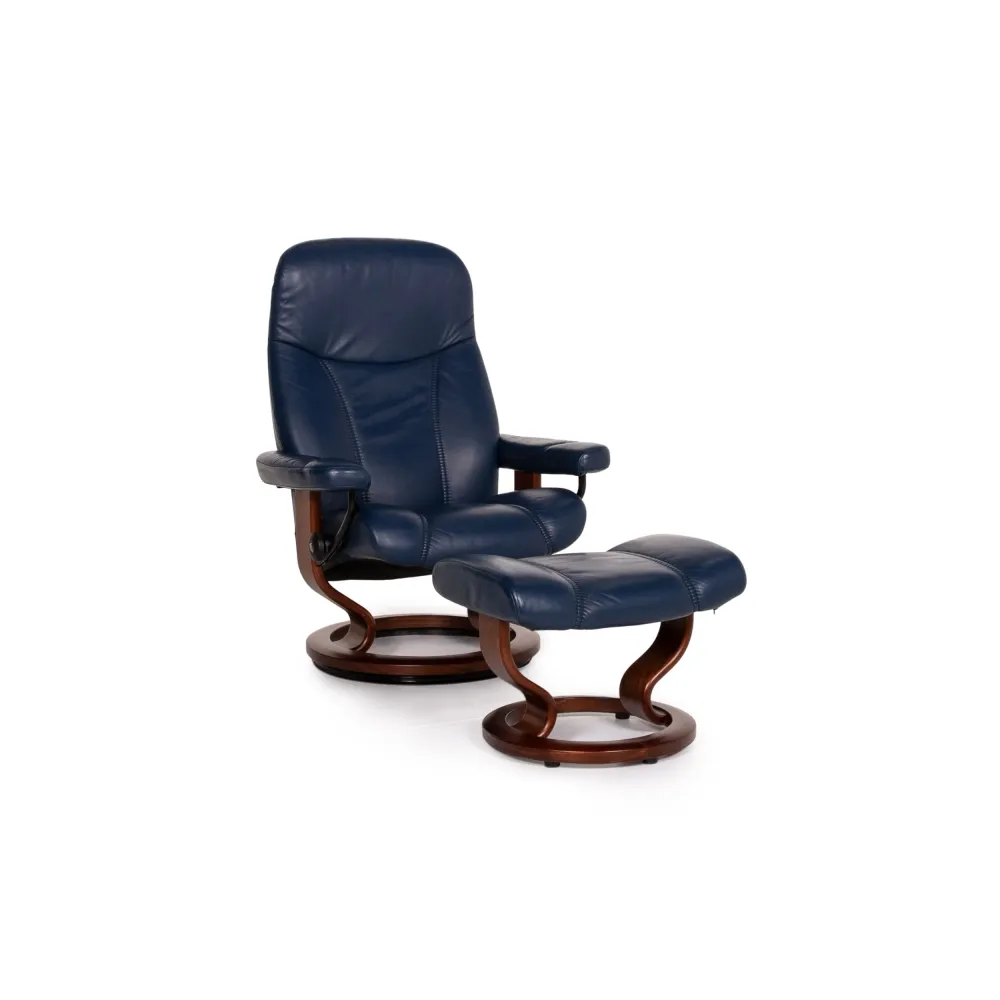 Stressless Consul Leder Sessel inkl. Hocker Blau Dunkelblau Holz Funktion Relaxfunktion Relaxsessel #14814