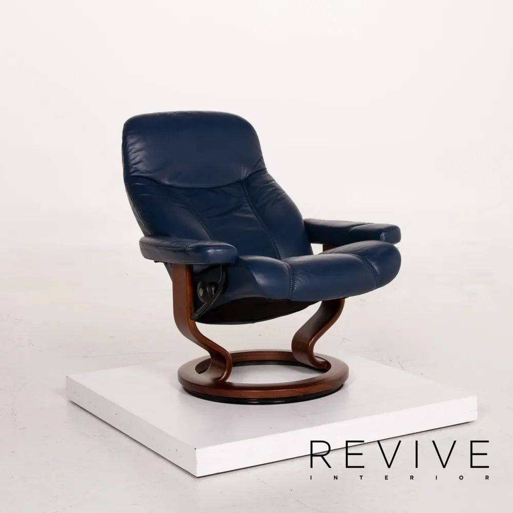 Stressless Consul Leder Sessel inkl. Hocker Blau Dunkelblau Holz Funktion Relaxfunktion Relaxsessel #14814