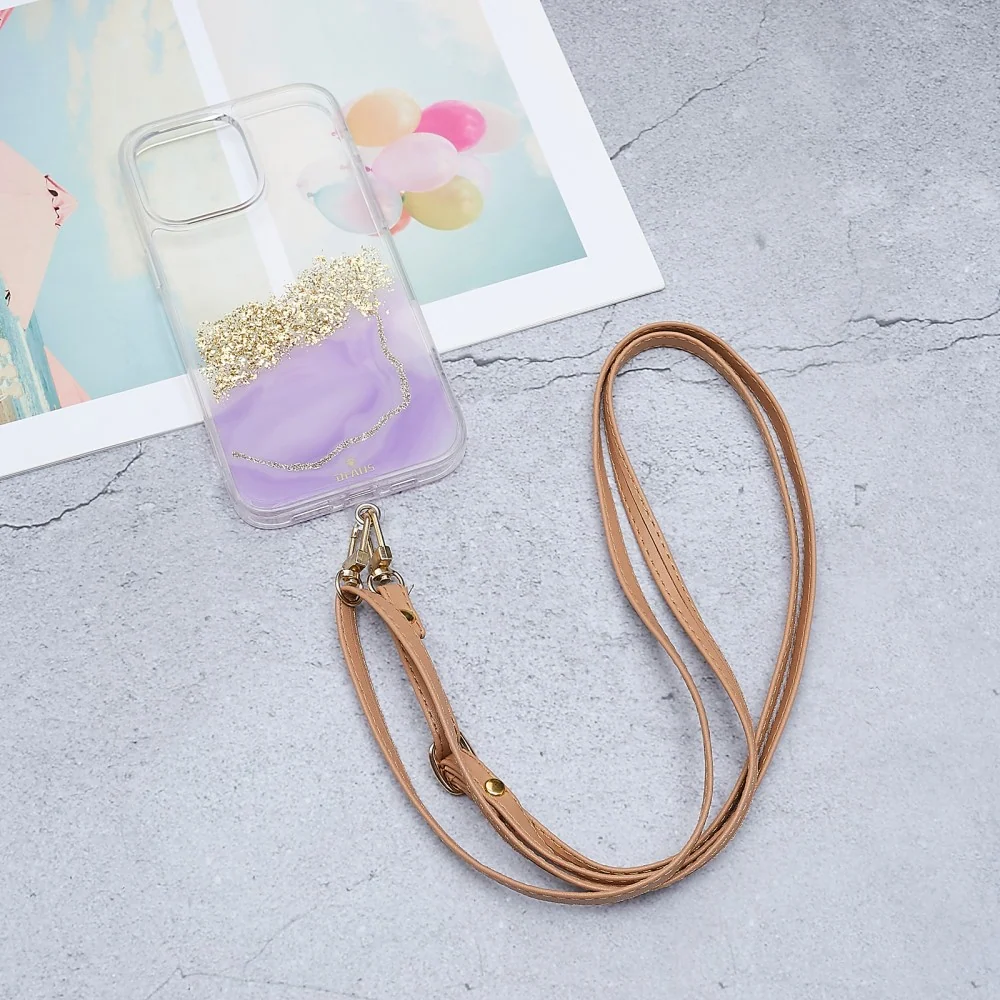 Universeller Crossbody Leder Nackenriemen mit transparentem Pad - Hellbraun
