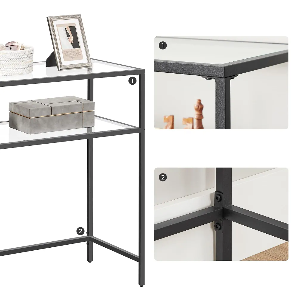 VASAGLE Konsolentisch, Beistelltisch mit 2 Ablagen, 100 x 35 x 80 cm, gehärtetes Glas, Aufbewahrungsregal, Metallrahmen, v...