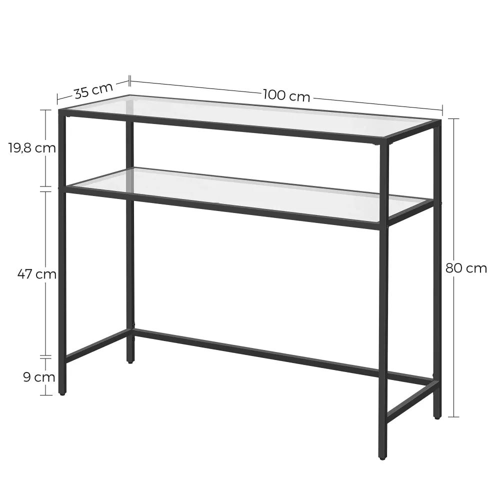 VASAGLE Konsolentisch, Beistelltisch mit 2 Ablagen, 100 x 35 x 80 cm, gehärtetes Glas, Aufbewahrungsregal, Metallrahmen, v...