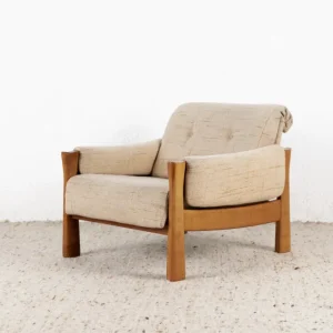 Vintage Sessel Massivholz Beige Mid Century Stuhl Nuss Holz